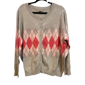 Woman Within Cardigan Sweater Women Grey Pink Argyle Button Front - 26/28 2X